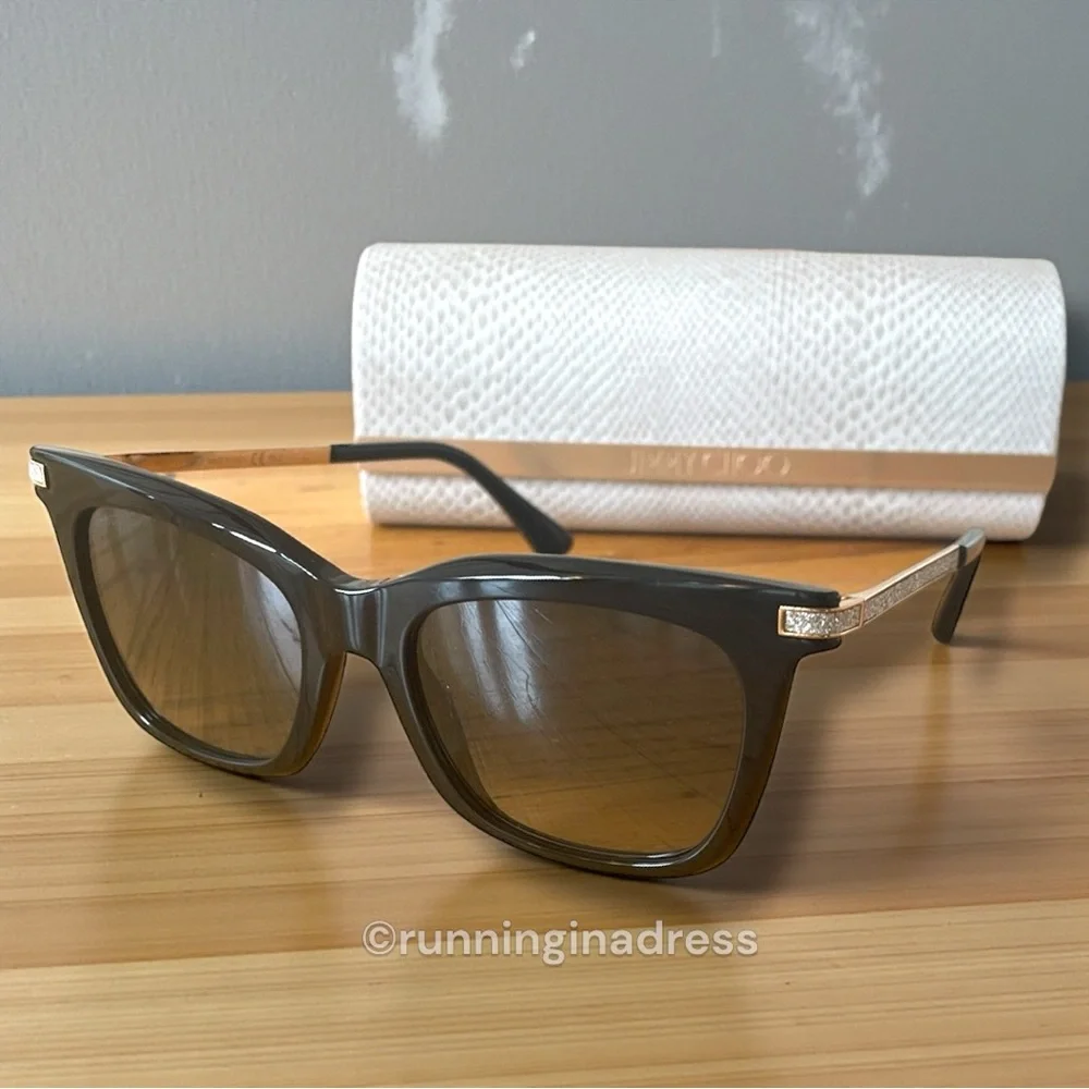 New In Case Jimmy Choo Olye Square Sunglasses In Black & Gold Glitter Accent